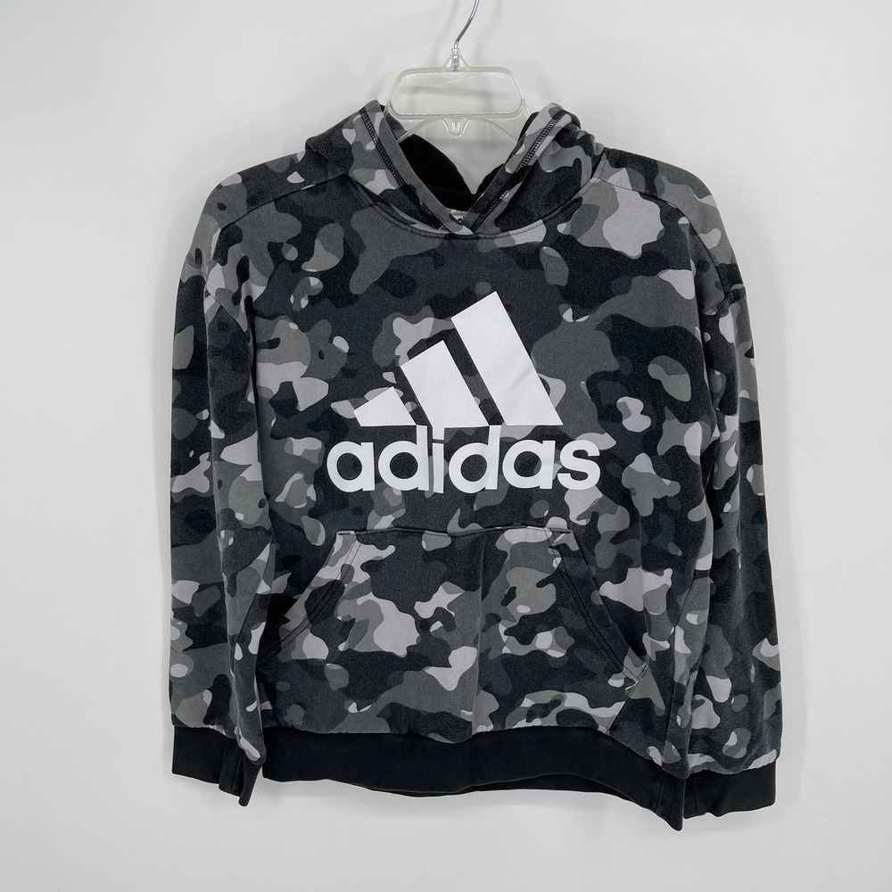 Adidas Boy's Gray Camo Logo Fleece Logo Pullover Hoodie Sweatshirt Size L 14-16